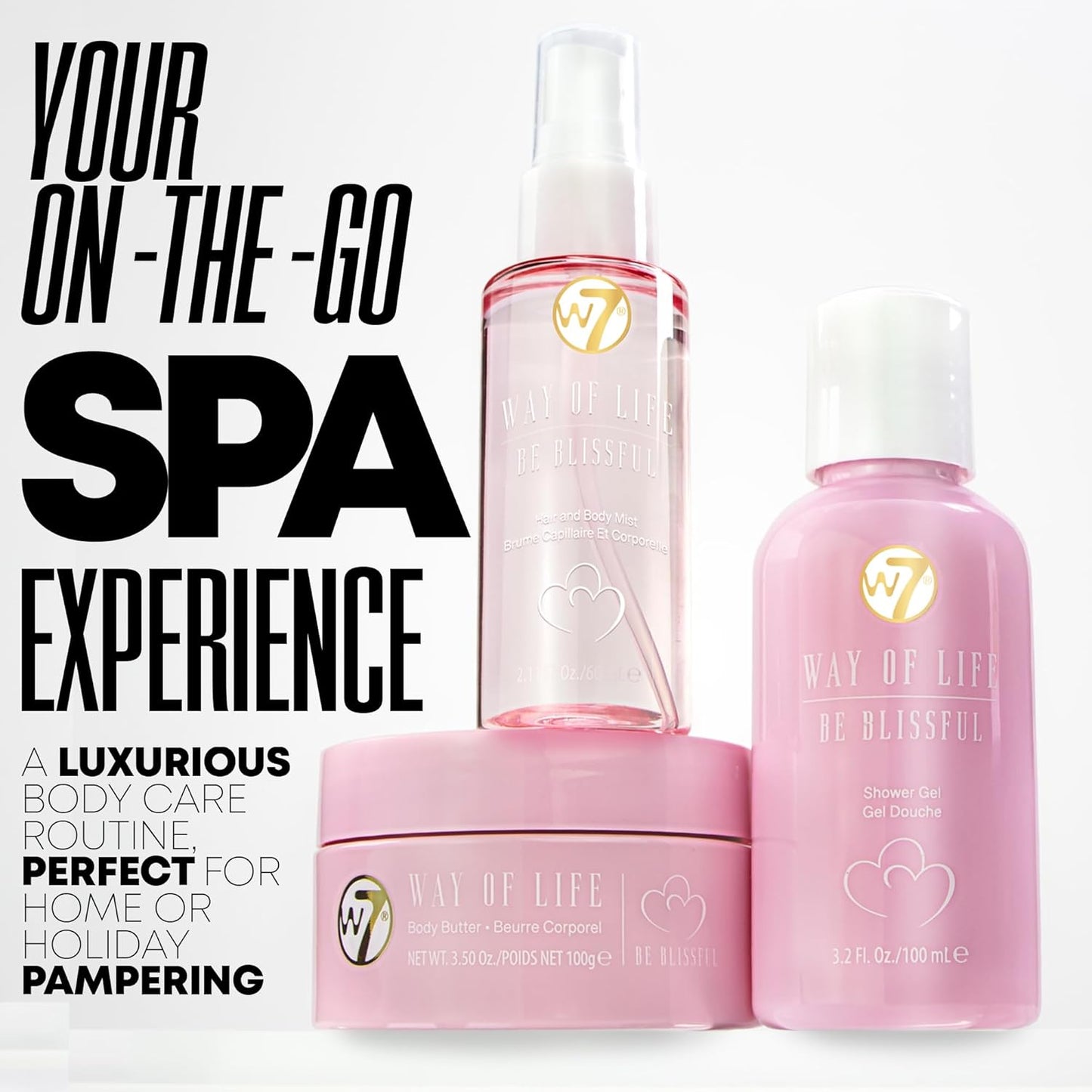 W7 VAY-CAY Be Blissful - Travel Size Skincare Set | Carry On Luggage Essentials: Shower Gel & Body Wash, Body Butter & Body Mist | Energizing & Hydrating Body Care for Glowing Skin