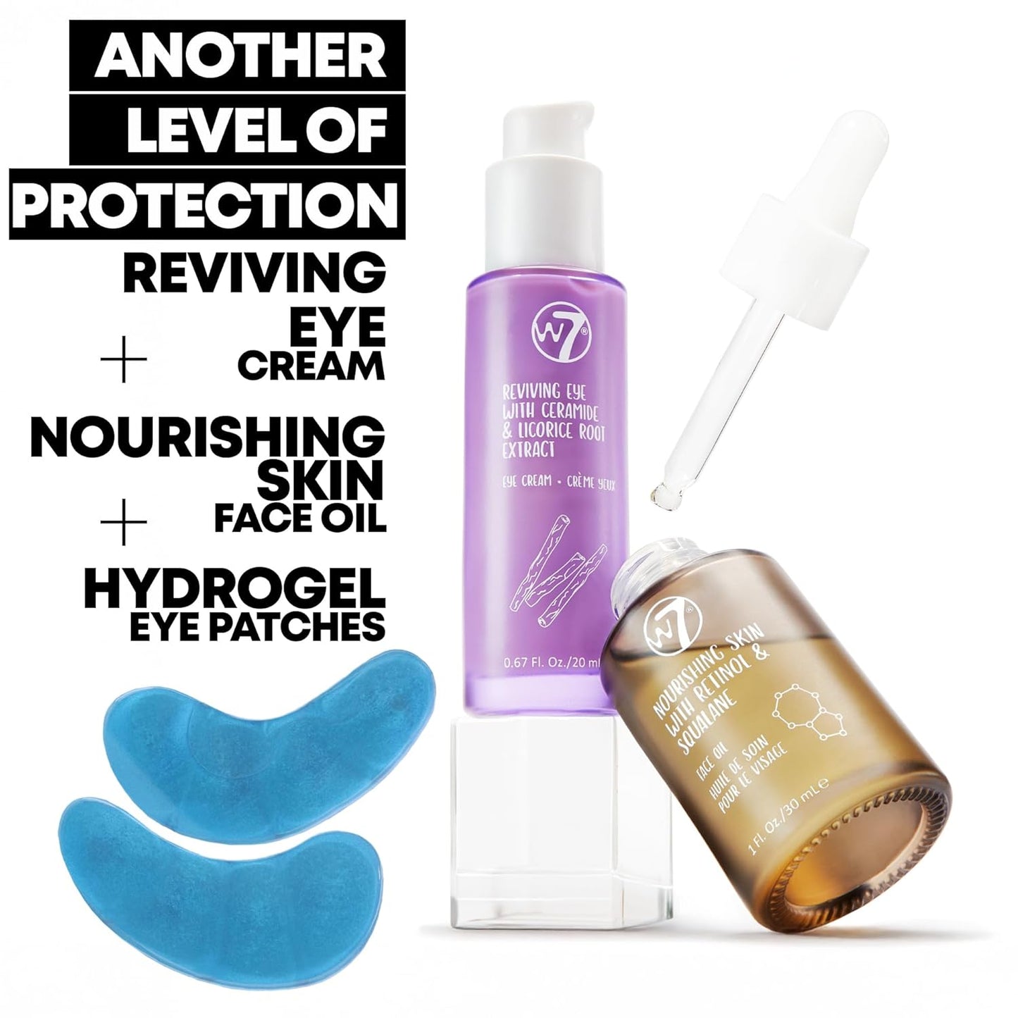 W7 Hydrate & Revive Set – Skincare Trio for Intense Hydration, Nourishment & Radiance – Includes Under Eye Gel Patches (5 Pairs), Non-Greasy Face Oil & Revitalizing Eye Cream