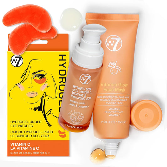 W7 Vitamin C Booster Set – Brightening Skincare Essentials for Glowing, Energized Skin – Includes Luminous Serum, Vitamin C Face Mask & Under Eye Gel Patches (5 Pairs)
