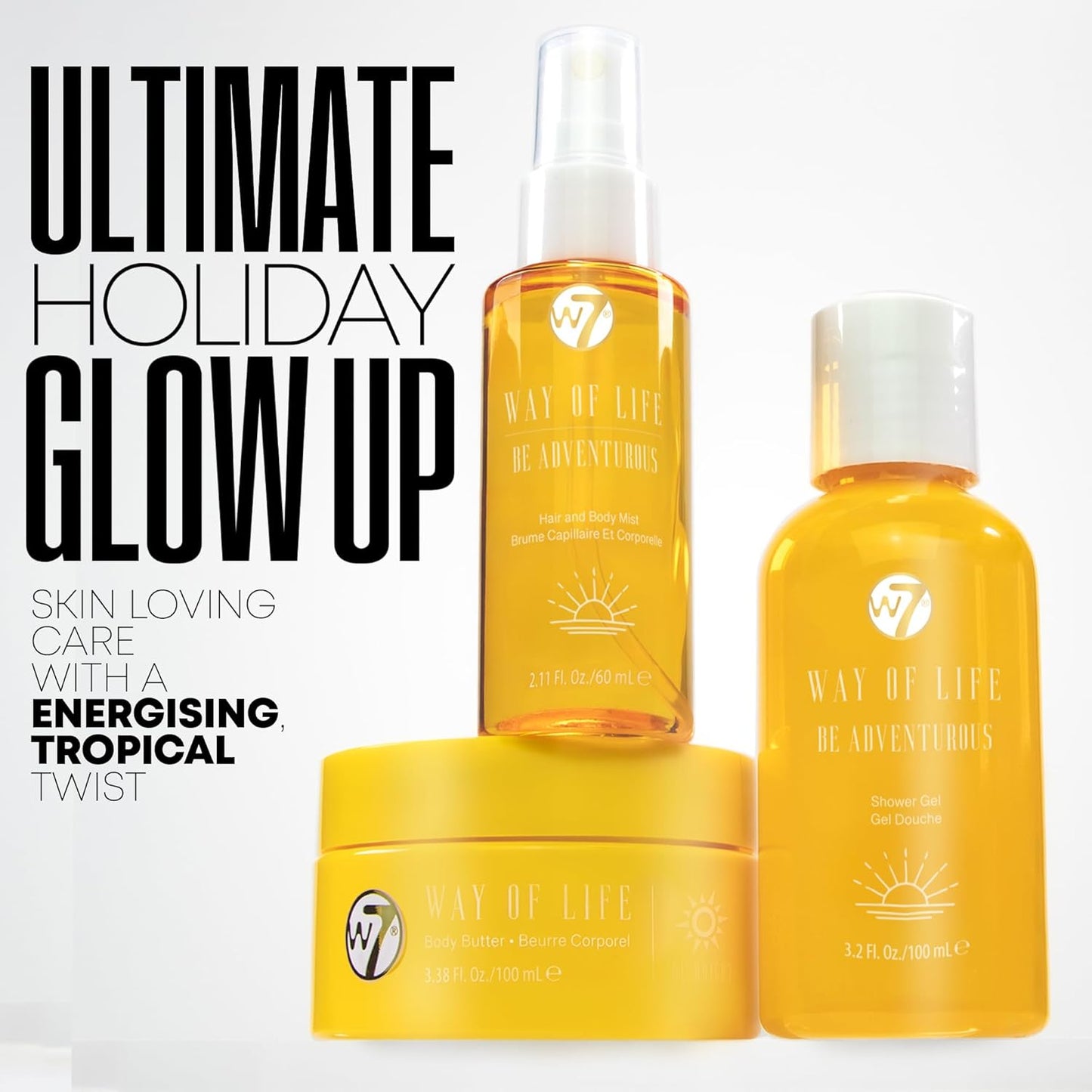 W7 VAY-CAY Be Adventurous - Travel Size Skincare Set | Carry On Luggage Essentials: Shower Gel & Body Wash, Body Butter & Body Mist | Energizing & Hydrating Body Care for Radiant Skin