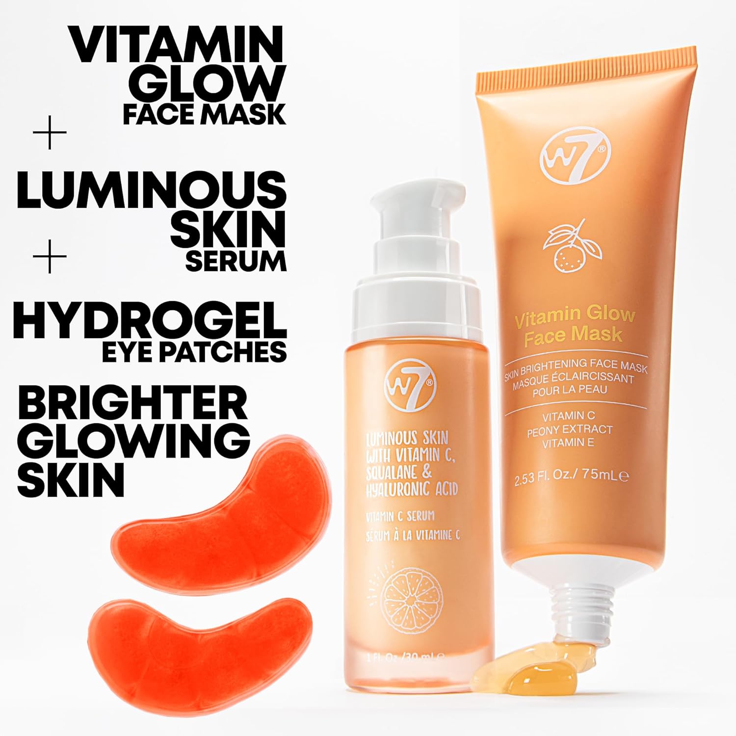 W7 Vitamin C Booster Set – Brightening Skincare Essentials for Glowing, Energized Skin – Includes Luminous Serum, Vitamin C Face Mask & Under Eye Gel Patches (5 Pairs)