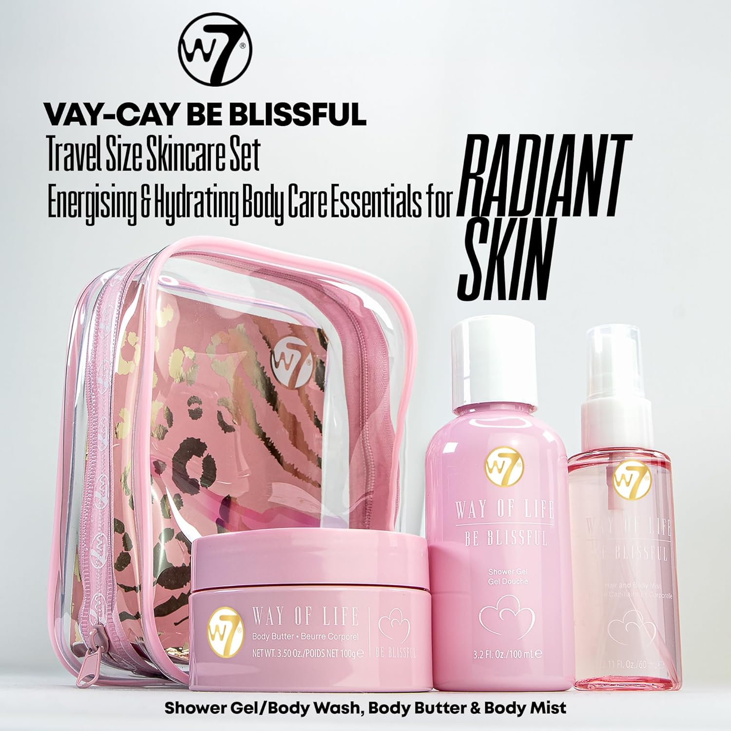 W7 VAY-CAY Be Blissful - Travel Size Skincare Set | Carry On Luggage Essentials: Shower Gel & Body Wash, Body Butter & Body Mist | Energizing & Hydrating Body Care for Glowing Skin