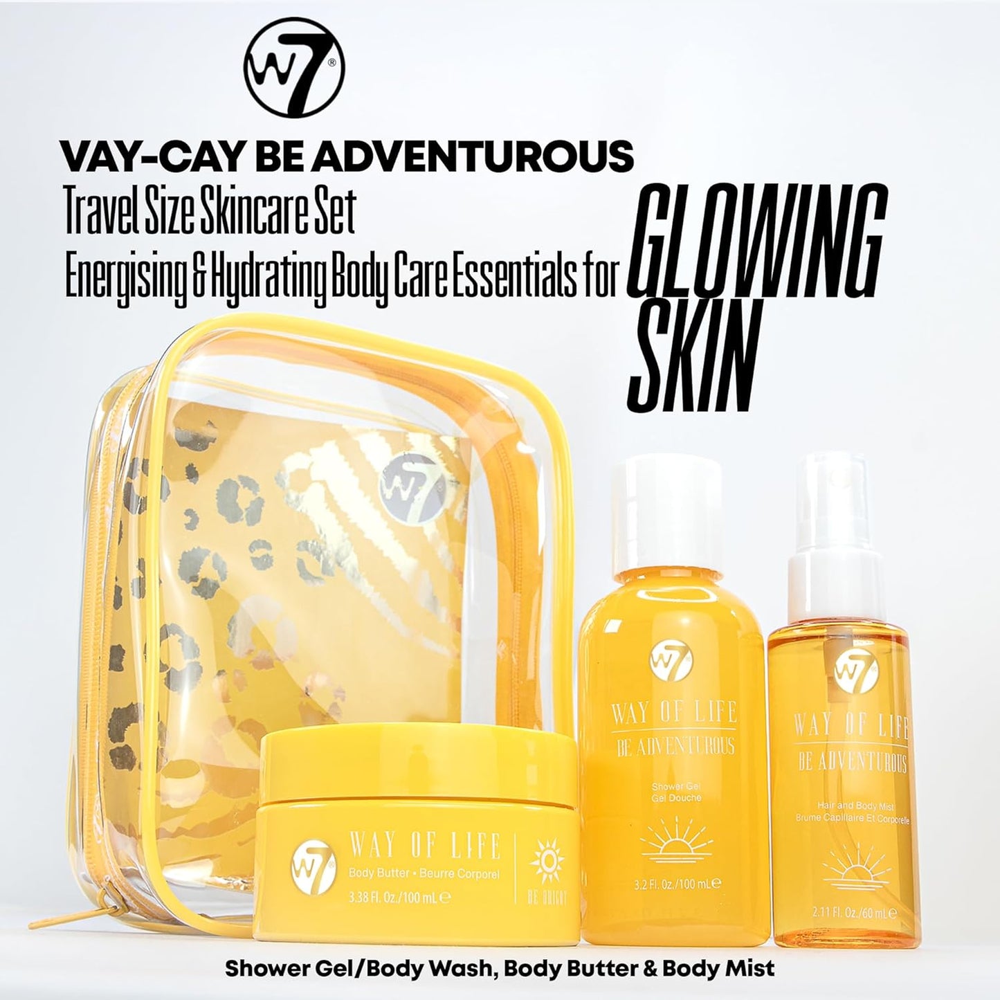 W7 VAY-CAY Be Adventurous - Travel Size Skincare Set | Carry On Luggage Essentials: Shower Gel & Body Wash, Body Butter & Body Mist | Energizing & Hydrating Body Care for Radiant Skin