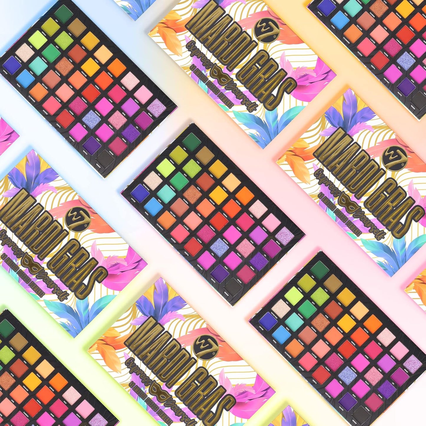 W7 Mardi Gras Pressed Pigment Palette - 40 High Impact Party Colors - Flawless Long-Lasting Bold Makeup